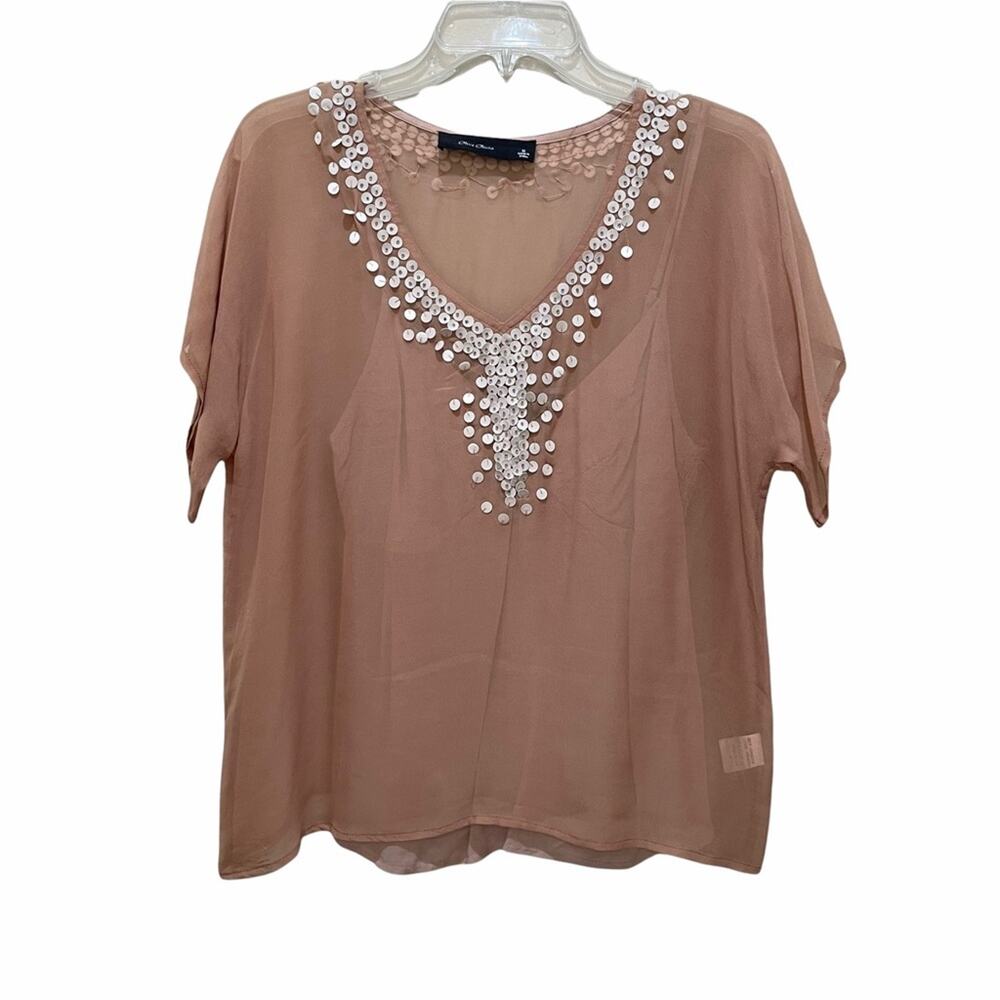 Olive Olivia Silk Sheer Blouse Tan Size Medium